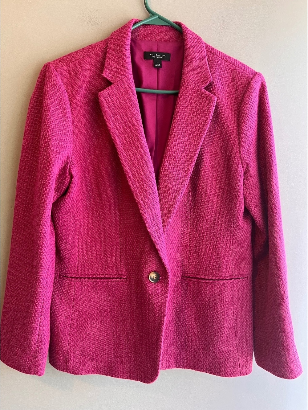 Ann Taylor The Button Fuchsia Pink Textured Blazer Jacket Lined Sz 12